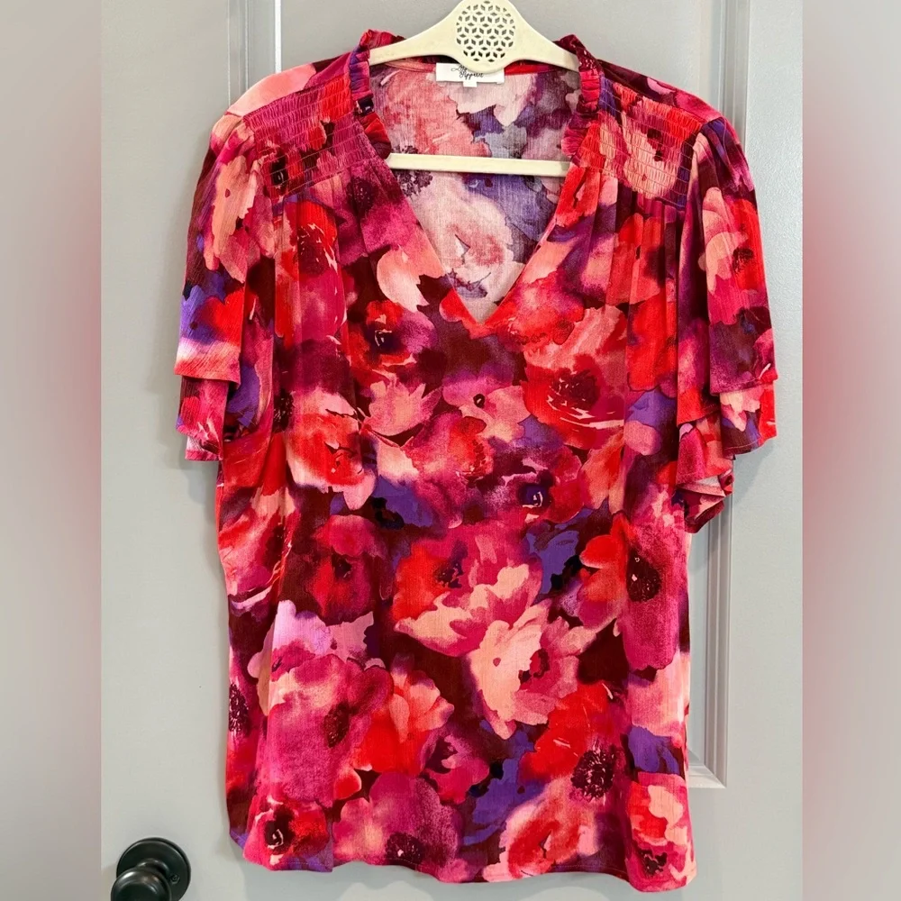 Beacon Red Pink Purple Floral V-Neck Flutter Sleeve Top - Picture 2 of 5